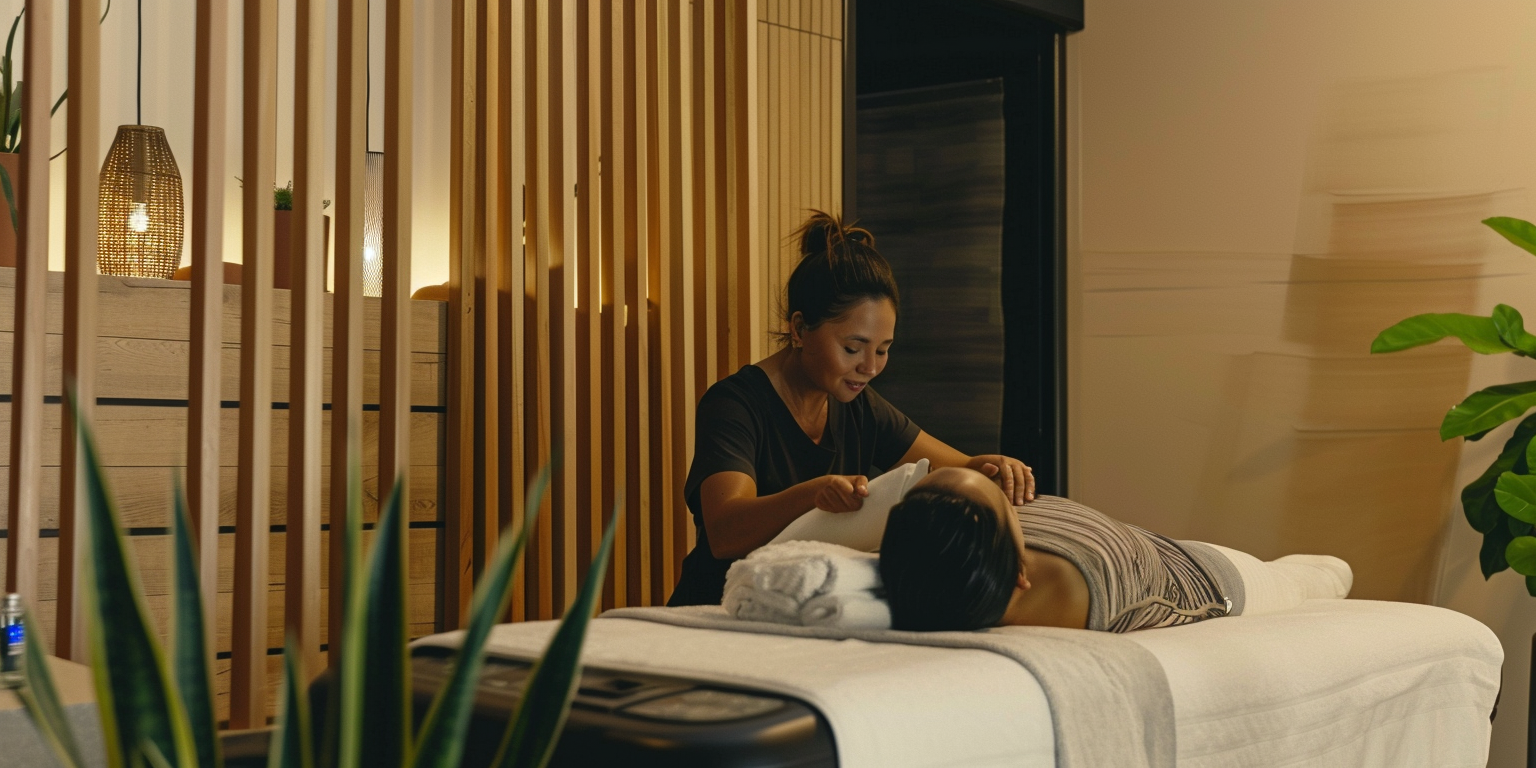 A modern and serene spa environment where a massage therapist is using advanced techniques. The setting includes a client receiving a massage with high-tech equipment,. The room is softly lit with a calming ambiance, incorporating natural elements such as plants and wooden textures, to create a holistic and innovative wellness experience.