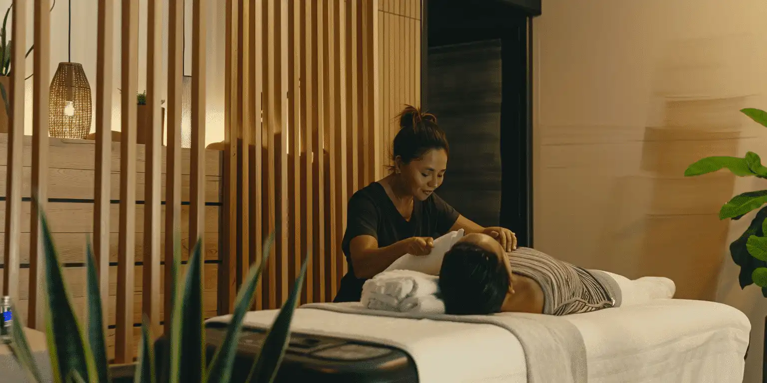 A modern and serene spa environment where a massage therapist is using advanced techniques. The setting includes a client receiving a massage with high-tech equipment,. The room is softly lit with a calming ambiance, incorporating natural elements such as plants and wooden textures, to create a holistic and innovative wellness experience.