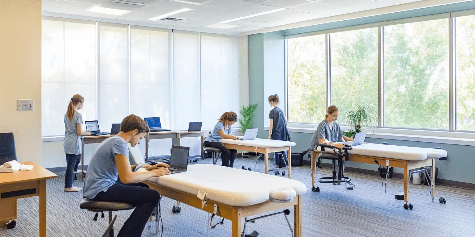 Des étudiants en massothérapie dans une salle moderne, participant à une formation hybride. Certains suivent des cours en ligne sur leurs ordinateurs portables tandis que d'autres s'exercent à des techniques de massage sur des tables avec des instructeurs.